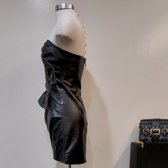 💥 BREATHTAKING💥STRAPLESS BUSTIER DRAPED DRESS IN BLACK GENUINE LEATHER - Picture 13 of 16